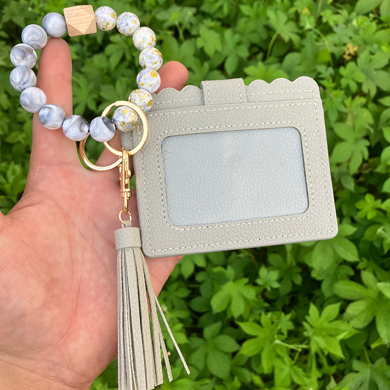 Wholesale Card Holder Pu Tassel Beads Bracelet Wallet Keychain